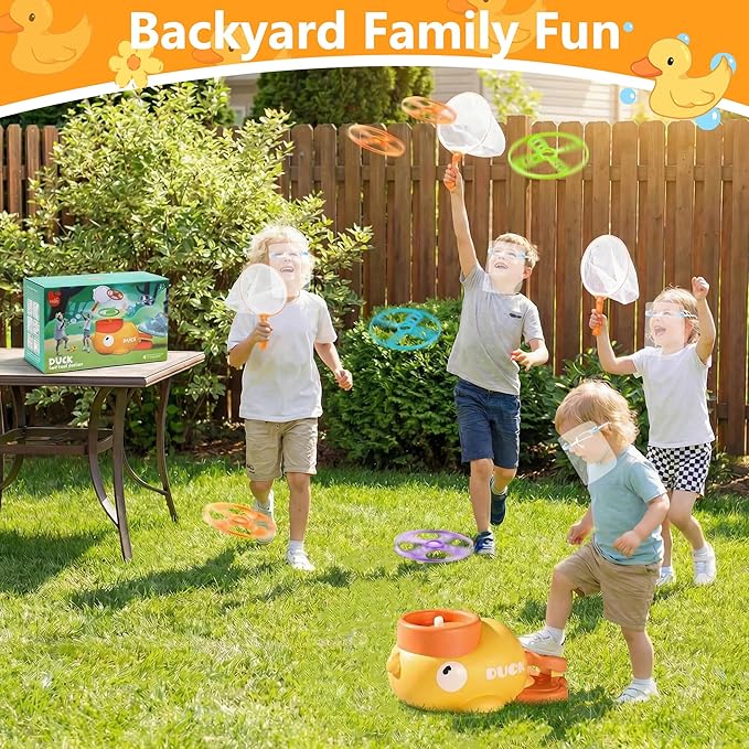 Duck Flying Disc Launcher for Kids: 12 Piece Flying Discs Launcher Throw and Chasing Catching Games - Outside Toys Kids Ages 3-5 6-8 Boys Girls Family Courtyard - Birthday Party Gift for Kids