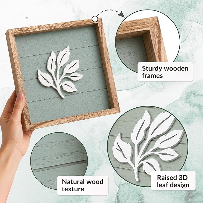 Tide and Tales Leaves of Meaning 3D Sage Green Wall Art (Set of 4) Framed Boho Wall Art for Living Room, Bedroom & Bathroom, House Warming Gifts for New Home, Botanical Farmhouse Home Decor 10"x10"