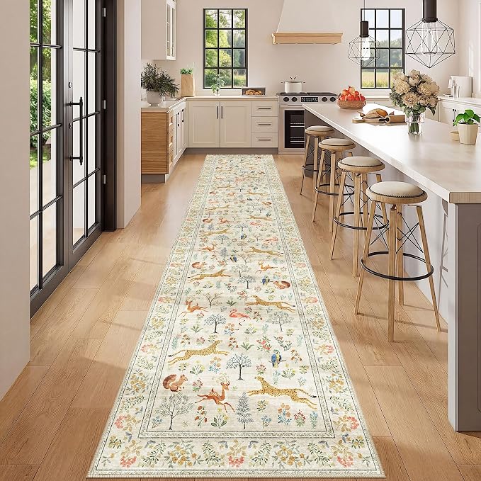 DUKINO 2.6x12 Hallway Runner Rug, Washable Animal Rug Non Slip, Beige | Low Pile, Stain Resistant, Soft Indoor Long Carpet Runner for Entryway, Kitchen, Bedroom, Bathroom, Pet Friendly, Ultra-Thin