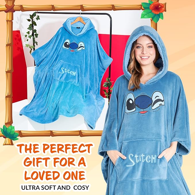 Disney Stitch Blanket Hoodie for Women Teens, Wearable Oversized Fleece Hooded Poncho with Pocket, Cozy Gifts for Women