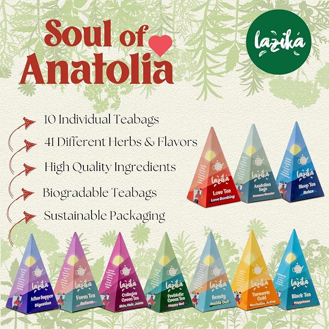 Lazika Tea Sampler with Premium Presentation Box, 20 Counts, 4 of Each Blend Individually Wrapped, Black, Green and Herbal Tea Variety Gift Set, Collection with Pyramid Infuser Bag