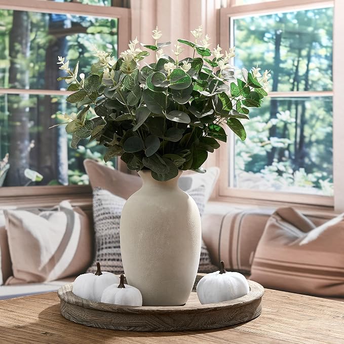 Ceramic Rustic Flower Vase, 8.38 Inch Vintage Pottery Home Decor, Farmhouse Terracotta Vase for Living Room, Table, Shelf, Mantel Decoration, Farmhouse - Off-White