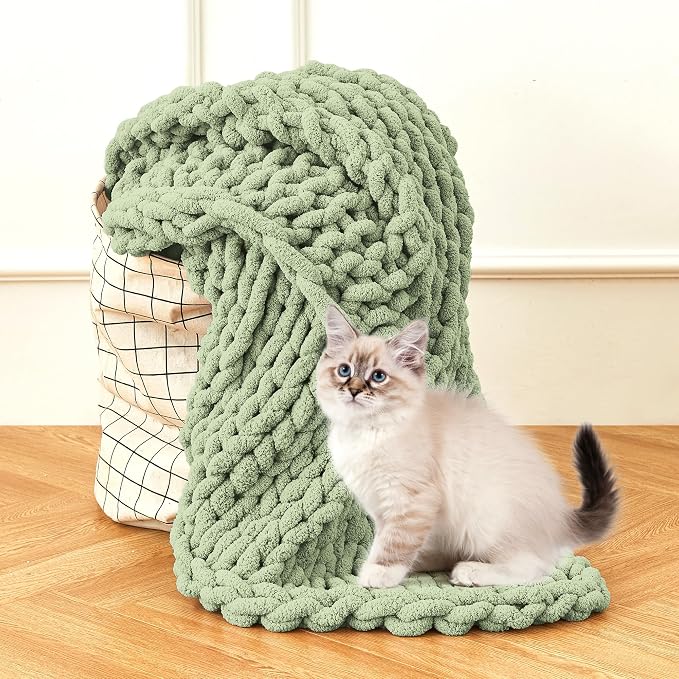 Chunky Knit Blanket Throw for Couch, 60"x80" Chunky Yarn Knitted Blankets | 100% Hand Knit Thick Chenille, Soft Breathable for Bed, Sofa, Home Decor, Cozy Gifts for Women Friends, Sage Green