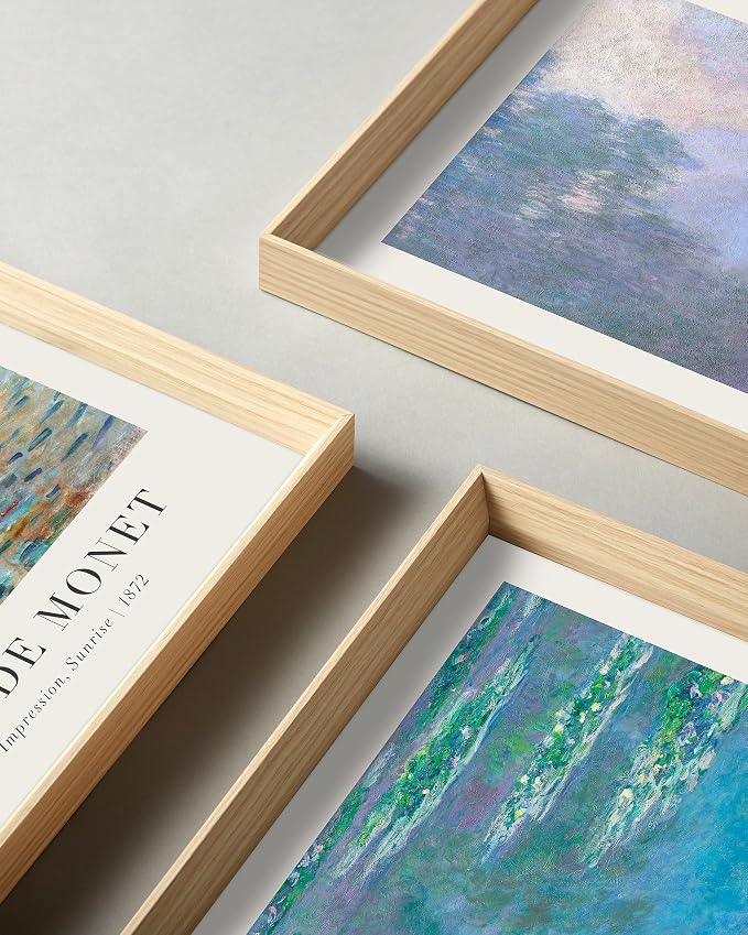 HesenDot Framed Claude Monet Water Lilies Canvas Wall Art Set of 3 12x16in | Vintage Impressionist Botanical Painting, High Framed Design Prints, Classic Wall Decor for Living Room Bedroom Bathroom