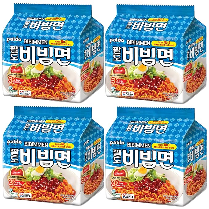 Paldo Fun & Yum Bibimmen Instant Cold Noodles, Pack of 20, Brothless Cold Ramen with Sweet & Spicy Seasoning Sauce, Oriental Style Korean Ramyun, Soupless K-Food, Family Pack (130g x 20)