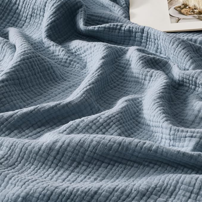 WDCOZY Muslin Blanket 100% Cotton Blankets Twin Size 4-Layer Breathable Lightweight Soft for Couch Bed Boho Farmhouse Linen Tassels Ruffle Gauze Blankets All Season for Adults 60x80 Inches Dusty Blue