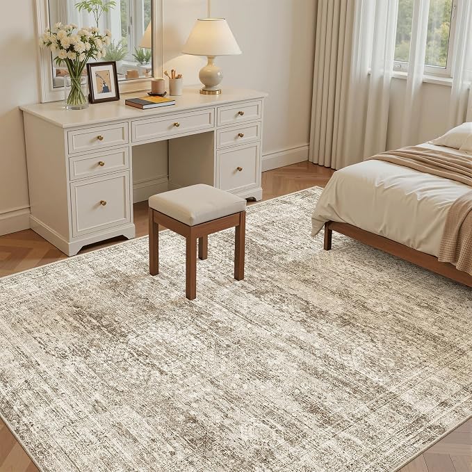 Soalmost 6x9 Area Rug for Living Room Washable Rugs Non-Slip Brown | Low-Pile Vintage Carpet for Dining Bedroom, Foldable Thin Stain Resistant Floor Mat Under Table Home Office Nursery Decor