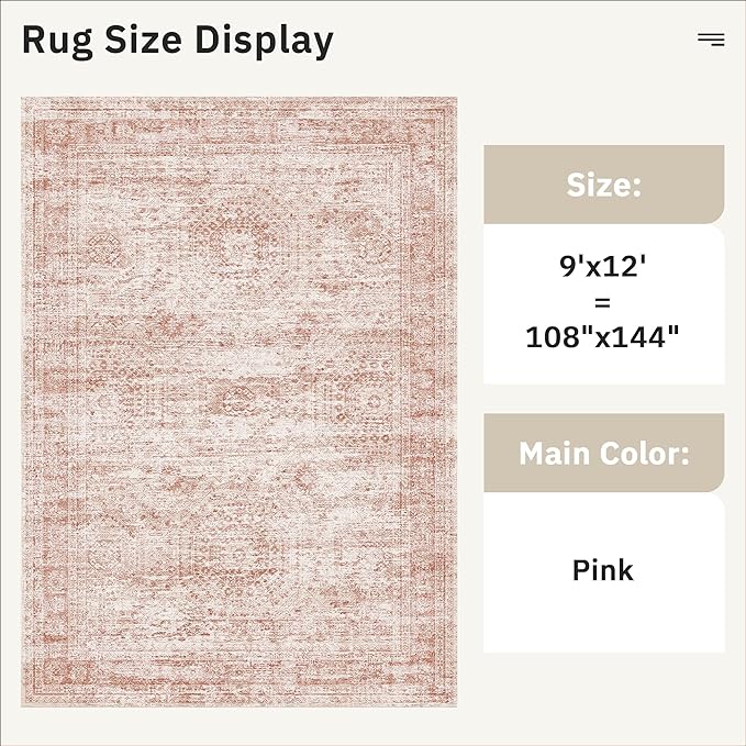 Soalmost 9x12 Area Rugs for Living Room Washable Rug Non-Slip Pink | Large Vintage Stain Resistant Carpet for Dining Bedroom, Low Pile Lightweight Foldable Floor Mat Nursery Home Office Decor