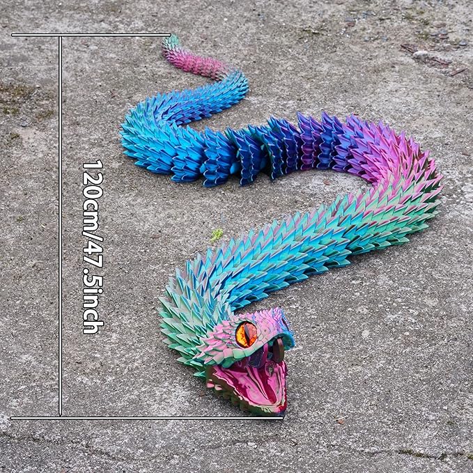 Super Large 3D Printed Snake with a Movable Mouth,47.4inch,Flexible Realistic Articulated Animal Fidget Toys,Mystery Figurines Gifts,Executive Desk Décor and Festival Collectible (colorfulA)