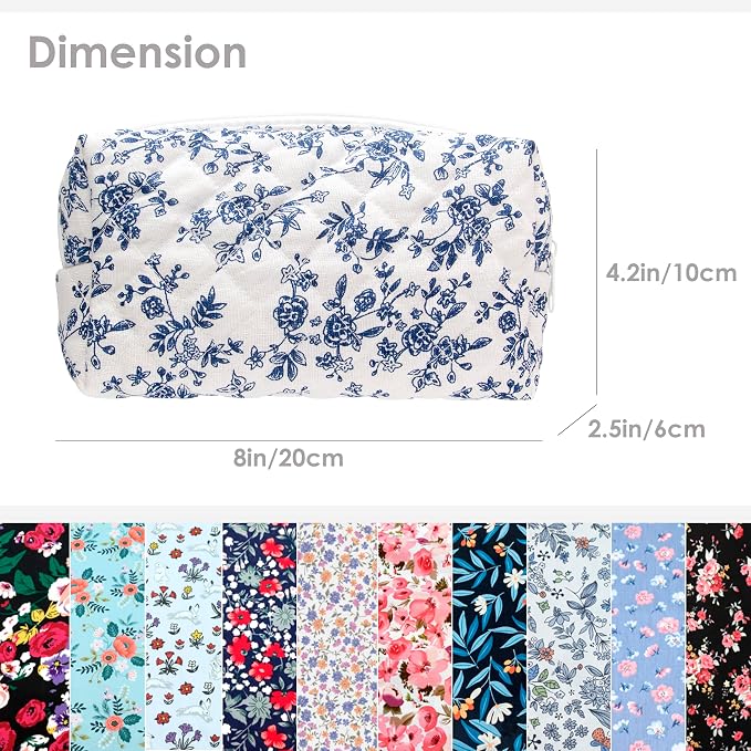 PAZIMIIK Small Quilted Makeup Bag,Zipper Cosmetic Pouch,Jouy Blue | Lightweight Cosmetic Bag Organizer for Women,Purse Storage Holds Makeup,Toiletries,Skincare,Beauty Essentials,Travel Items