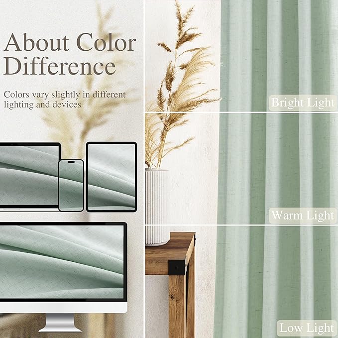 Aqua Green Linen Curtains 63 Inches Long 2 Panel Sets for Living Room Bedroom Rod Pocket Back Tab Light Filtering Drape for Kitchen Window Short Protect Privacy Curtain Modern Farmhouse Decor 52x63
