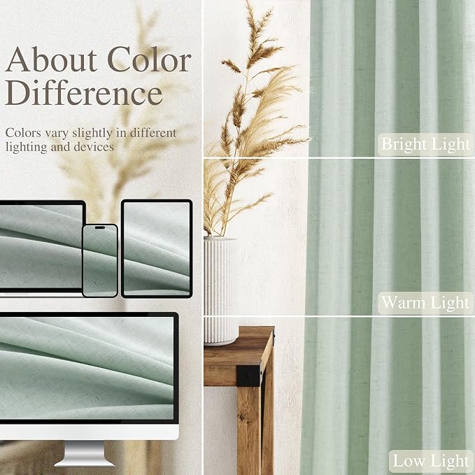 Nanspring Aqua Green Linen Curtains 108 Inches Long for Living Room Bedroom 2 Panels Set Extra Long Back Tab Curtain Light Filtering Sheer Drapes Floor to Ceiling Curtain for Large Windows 52x108