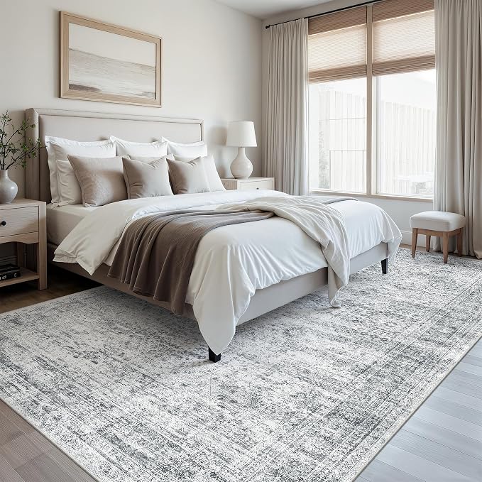 Soalmost 7x10 Area Rug for Living Room Washable Rugs Non-Slip Grey | Low-Pile Vintage Carpet for Dining Bedroom, Foldable Thin Stain Resistant Floor Mat Under Table Home Office Nursery Decor