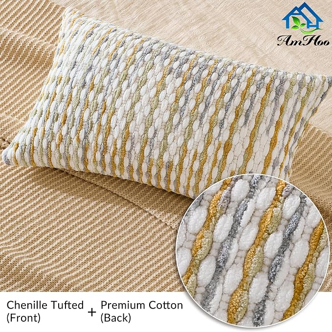 Set of 2 Boho Chenille Pillow Cover Decorative Tufted Pillowcase for Couch Bed Sofa Bedroom Living Room Modern 12 x 20-Inch Grey