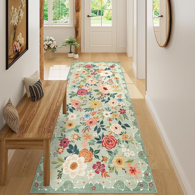 DUKINO 3x7 Kitchen Runner Rug, Washable Rug for Hallway Non Slip, Green | Floral, Low Pile, Soft Indoor Rug for Bedroom, Bathroom, Entryway, Laundry, Pet Friendly, Stain Resistant, Modern Home Decor
