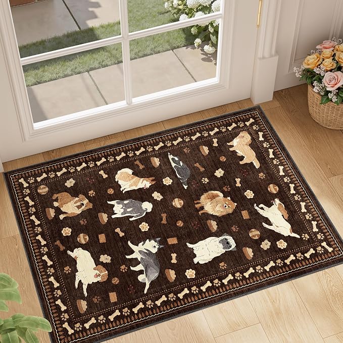 DUKINO 2x3 Bathroom Rugs, Washable Dog Kitchen Rug Non Slip, Brown | Low Pile, Stain Resistant Soft Indoor Door Mat, Small Front Door Animal Throw Carpet for Entryway Bedroom Farmhouse Kids Room