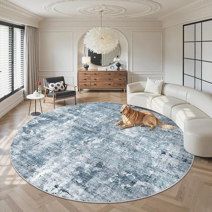 Soalmost Round Rugs 9ft Living Room Circle Area Rug 9x9 Blue/Grey Vintage | Washable Non Slip Abstract Carpet for Apartment, Dining Bedroom, Soft Low Pile Stain Resistant Foldable Floor Mat Entryway