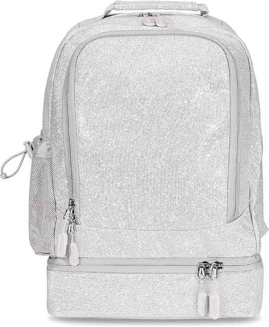Bentgo Kids 2-in-1 Backpack & Insulated Lunch Bag - Glitter Designed 16” Backpack for School & Travel -, Durable, Water Resistant, Padded, & Large Compartments (Glitter Edition - Silver)