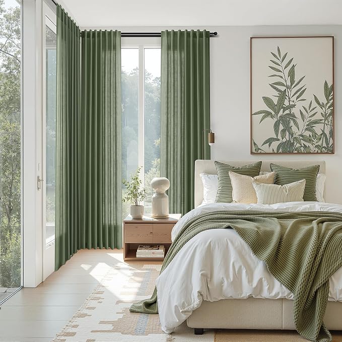 Nanspring Forest Green Linen Curtains 84 Inch Length 2 Panels Set for Living Room Light Filtering Semi Sheer Curtain Back Tab Rod Pocket Wabi Sabi Boho Decor Drapes for Bedroom Office 52x84