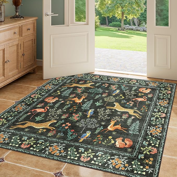 DUKINO 4x4 Square Area Rug, Washable Animal Rug for Entryway, Black | Non Slip, Low Pile, Soft Indoor Carpet for Bedroom, Kitchen, Office, Kids Room, Farmhouse, Pet Friendly, Stain Resistant