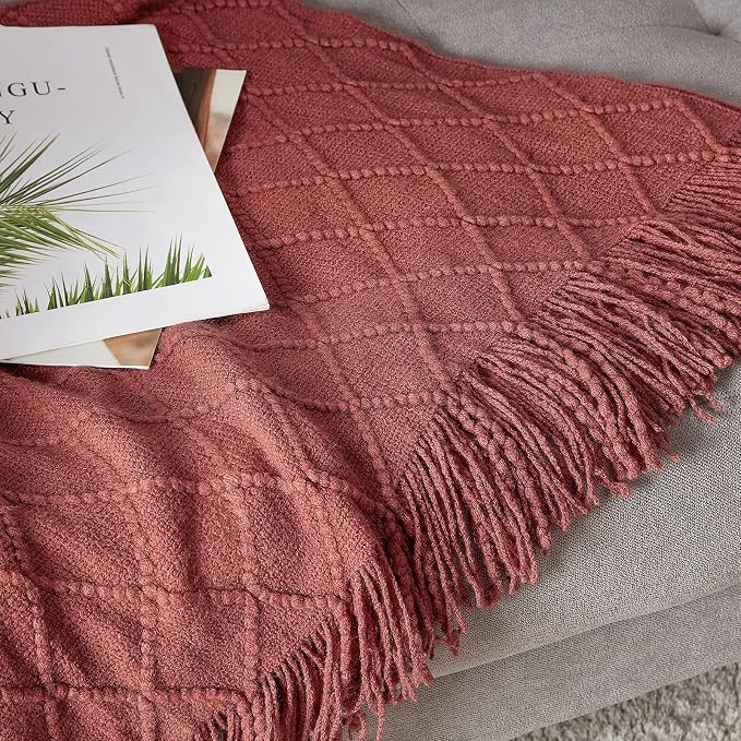 BOURINA Burgundy Throw Blanket 60x80 Inches Throw Textured Solid Soft Sofa Throw Couch Knitted Decorative Blanket