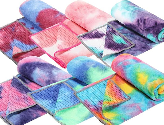 Peryiter 6 Pcs Yoga Towels with Grip Dots 72 x 25 Inch Non Slip Hot Yoga Mat Towel Microfiber Soft Sweat Absorbent Blanket for Gym Pilates Workout Fitness, 6 Tie Dye Colors