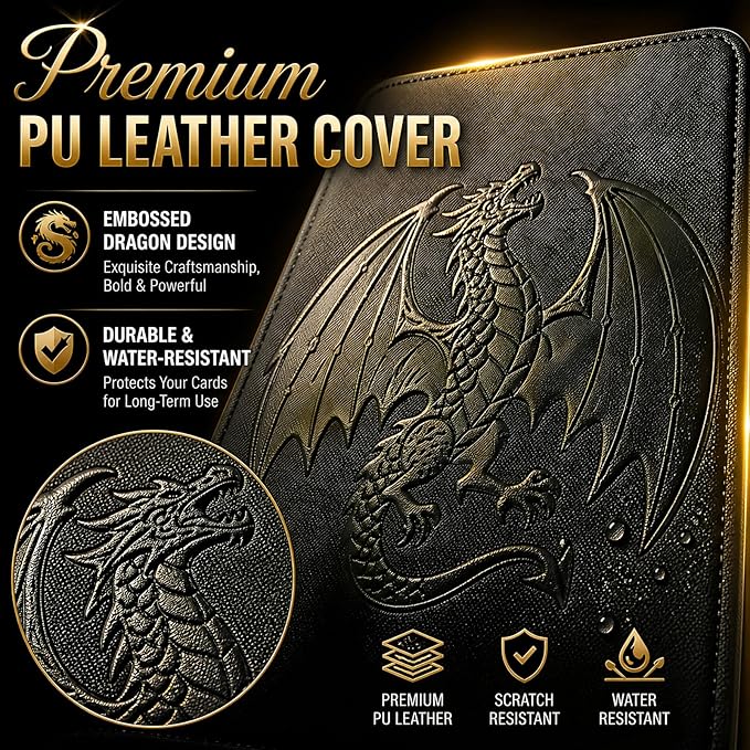Premium 9-Pocket Trading Card Binder, Holds 540 Cards, Side-Loading Sleeves, Zipper Card Album with Embossed Dragon Cover for Sports Cards, Game Cards & Business Cards