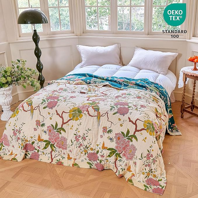 MSGKV Boho Throw Blanket 50"x60" Cotton Bird Blanket for Couch Bed Decor | 100% Cotton Throw, Chinoiserie Floral Bird, Reversible Blanket, Summer Decor, Road Trip Blanket, Machine Washable