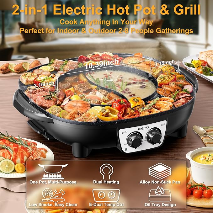 Stariver Hot Pot Electric with Grill 2 in 1, Korean BBQ & Shabu Shabu Pot | Smokeless Indoor Grill, Non-Stick, 1800W Fast Heating, Dual Temp Control, Perfect for Family Dinner, Friends Party, Holiday