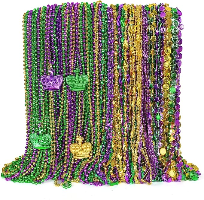 Mardi Gras Beads Decorations, 120PCS Green Purple Gold Metallic Mardi Gras Beads Necklaces Accessories Bulks, Mardi Gras Beads Necklace Costumes for Parade Throws Party Decor Favor Supplies