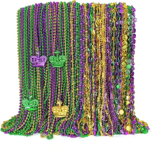 100PCS Mardi Gras Accessories, 11 Kinds Mardi Gras Beads Coins Mask Shape Necklace, Metallic Green Purple Gold Beads Parade Throw Costumes, Festival Carnivals Celebration Events Party Throws Supplies