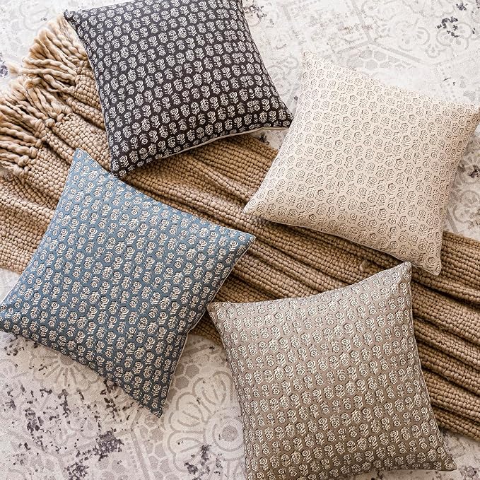 Foindtower Set of 2 Decorative Neutral Floral Print Throw Pillow Covers Vintage Accent Farmhouse Cushion Covers Boho Home Decor for Sofa Couch Chair Bedroom Living Room,24×24 Inch,Dusty Blue