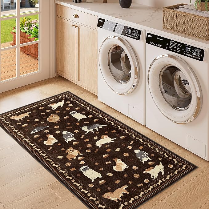 DUKINO 2x4 Rug Runner, Washable Dog Bathroom Rug Soft Non Slip, Brown | Low Pile, Non-Shedding, Stain Resistant, Indoor Animal Carpet Runner for Kitchen Entryway Hallway Laundry Farmhouse Bedroom