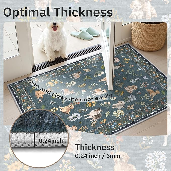 Soalmost Dog 9x12 Area Rugs for Living Room, Washable Soft Rug Navy Blue | Floral Vintage Non-Slip Low Pile Cute Animal Throw Large Rugs for Classroom Bedroom Dining Room Nursery Playroom 9' x 12'