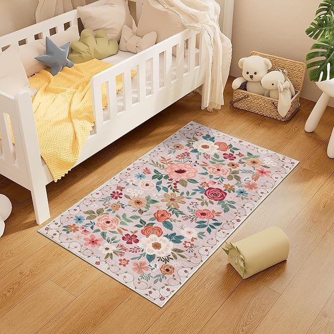 DUKINO 2x4 Entryway Rug, Floral Washable Kitchen Rugs Non Slip, Beige | Low Pile, Soft Indoor Runner Rug for Hallway, Bedroom, Bathroom, Laundry, Pet Friendly, Modern Home Decor, Stain Resistant