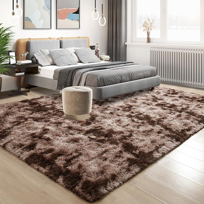 Tepook Soft Fluffy Rugs for Living Room, 5x8 Shaggy Area Rug for Bedroom, Modern Shag Rug Fuzzy Carpets for Kids, Plush Indoor Nursery Home Decor Rug with Non-Slip Bottom, Tie-Dyed Coffee