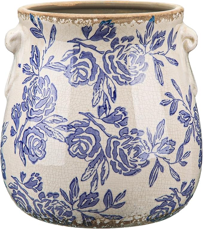 Ceramic Scroll Planter 6.5 Inch Chinoiserie Floral Vase with Drainage Holes Vintage Flower Vase Flower Pot Rustic Ceramic Pots for Indoor Plants Garden Home Bookshelf Decor (Blue)