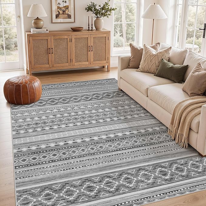 cotiled 6x9 Area Rugs Living Room Rug: Washable Boho Rugs with Non Slip Backing Large Soft Indoor Stain Resistant Carpet for Bedroom Farmhouse Dining Room Lightweight Home Decor Beige Grey