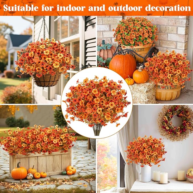 Ouddy Decor 24 Pcs Artificial Fall Flowers, Fake Mums Outdoor, Mixed Orange | Lifelike faux mums, silk flower, UV resistant, no-maintenance, for autumn Thanksgiving garden porch yard indoor outdoor decor