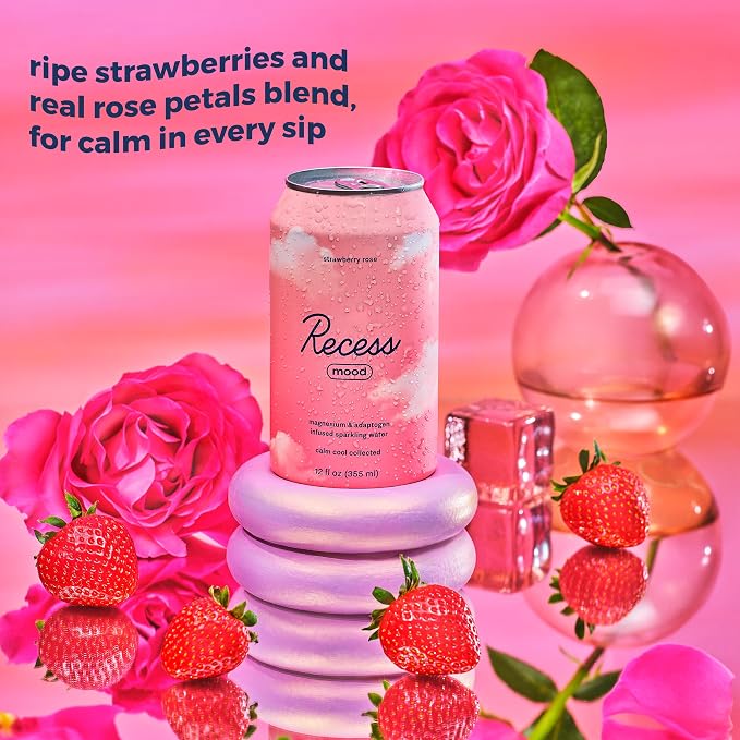 Recess Mood Magnesium & Adaptogen Drink, Relaxation Beverage, 12 ounce (Strawberry Rose, 12 pack)