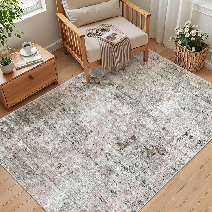 Soalmost Abstract 3x5 Rugs, Small Kitchen Entryway Area Rug Pink/Grey | Vintage Low Pile Carpet for Nursery Coffee Table Bathroom, Foldable Stain Resistant Indoor Door Mat Entrance Powder Room