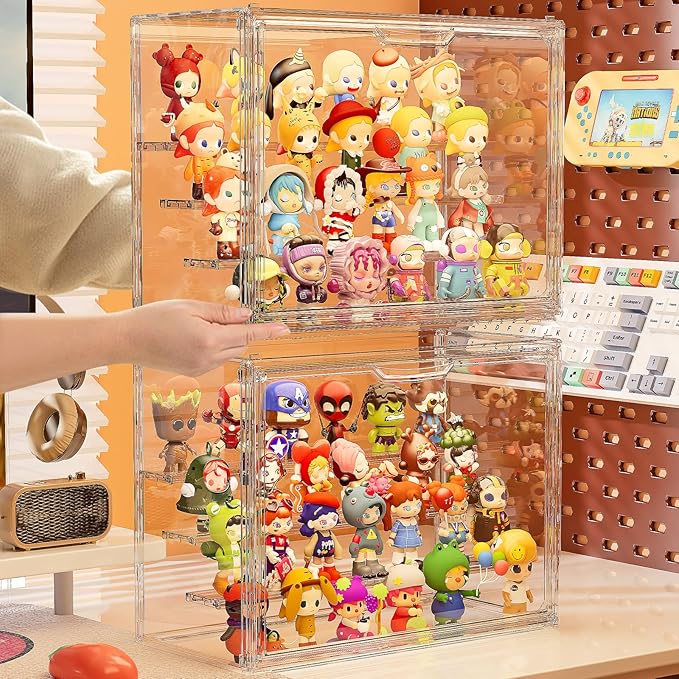 Clear Acrylic Display Case for Collectibles 4 Layer Hobby Figure Display Case Box with Shelves Stackable Figurine Display Boxes for Funko Pop Mart Labubu Model, 2 Pack
