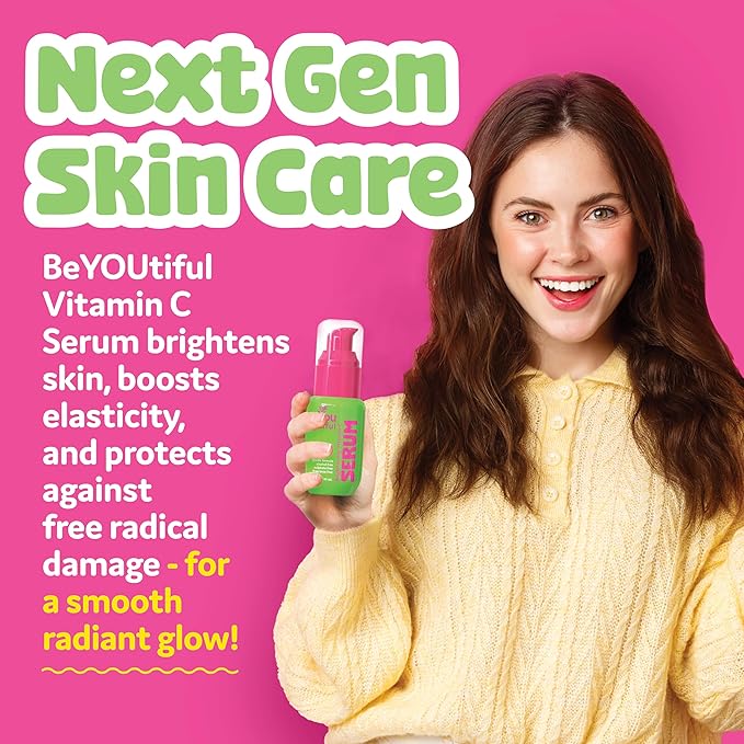 BeYOUtiful Vitamin C Face Serum, Easter Basket Stuffers, Preppy Skin Care for Tweens and Kids, Acne Treatment Brightening Moisturizer for Girls and Boys, 1.35 fl oz, Easter Gifts