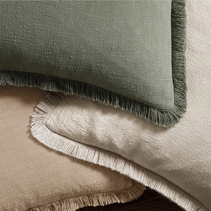 MIULEE Boho Linen Fringe Decorative Throw Pillow Covers Camel 18x18 | Set of 2, Cottagecore Decor, Boho Farmhouse Neutral Pillow Covers, Rustic Couch Cushion Cases for Sofa Bed Living Room