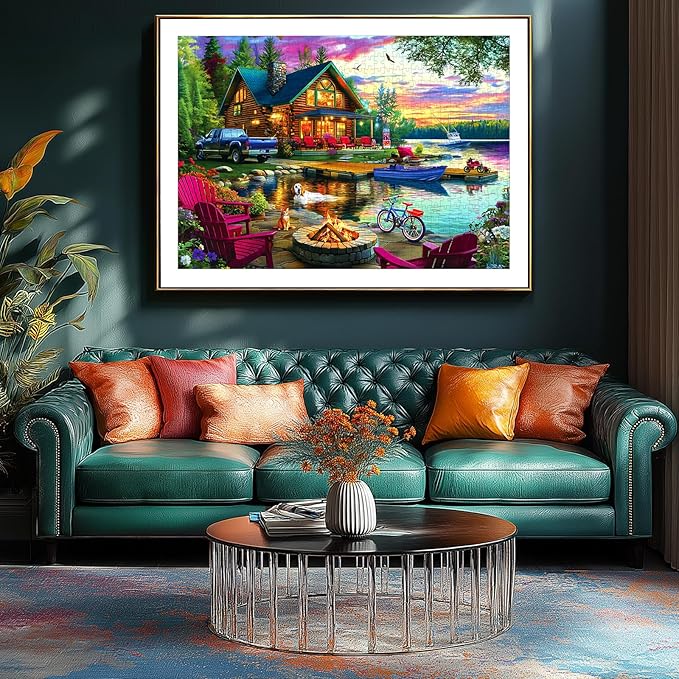 1000 Piece Puzzle for Adults Lakeside Sunset Log Cabin Jigsaw Adult Puzzles with Fire Pit & Dock Lake Landscape Puzzle with Letters on Back, Fun Games for Adult Game Night