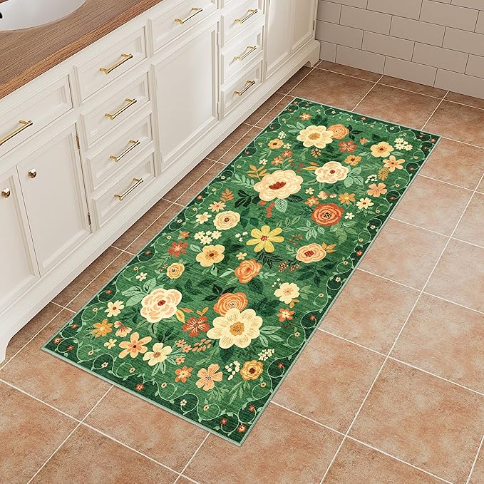 DUKINO 2x4 Entryway Rug, Floral Washable Kitchen Rugs Non Slip, Dark Green | Low Pile, Soft Indoor Runner Rug for Hallway, Bedroom, Bathroom, Laundry, Pet Friendly, Modern Home Decor, Stain Resistant