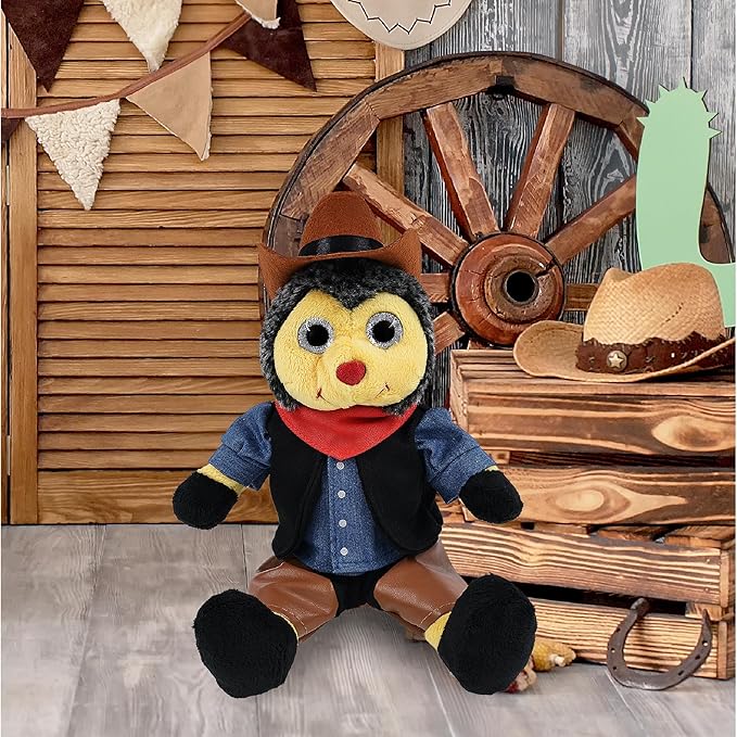 DolliBu Sitting Bee Stuffed Animal Cowboy Plush with Name Personalization - Western-Themed Bee Plush with Cute Cowboy Costume Denim Shirt Vest, Bandana, Leather Pants, and Hat - 7 Inches