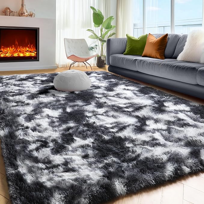 PAGISOFE Black White Grey Area Rugs for Living Room Bedroom Aesthetic, 8x10 Rug, Shag Fuzzy Fluffy Rug for Kids Room, Playroom, Classroom Dorm, Shaggy Soft Carpet, Plush Bedside Rugs, Modern Cool Rugs