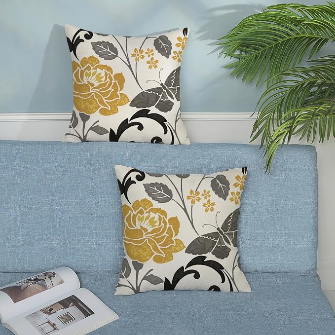Mustard Yellow Pillow Covers 18x18 Inch Set of 2 Vintage Floral Decor Throw Pillows Grey Butterfly Flower Leaves Seasonal Outdoor Decorative Pillow Cases Linen Cushion Covers for Couch Sofa