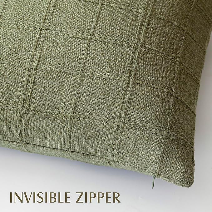 Foindtower Set of 2 Decorative Linen Check Throw Pillow Covers Neutral Farmhouse Vintage Cushion Covers Modern Boho Home Decor for Sofa Chair Couch Bedroom Living Room,16×16 Inch,Sage Green